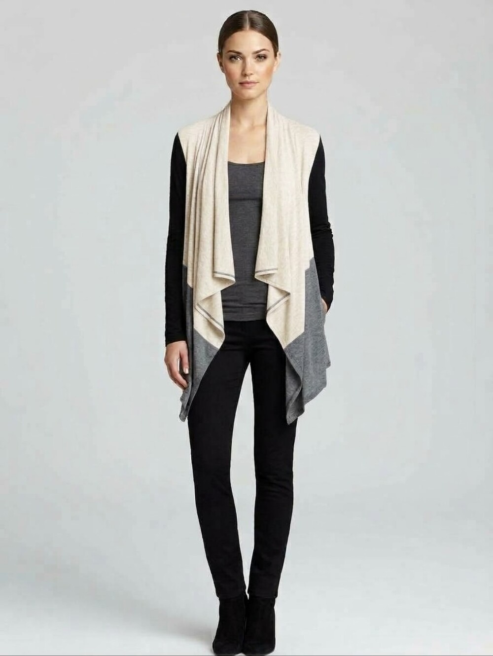 Cha Cha Vente Small Rayon Colorblock Open Waterfall Cardigan Beige Grey
